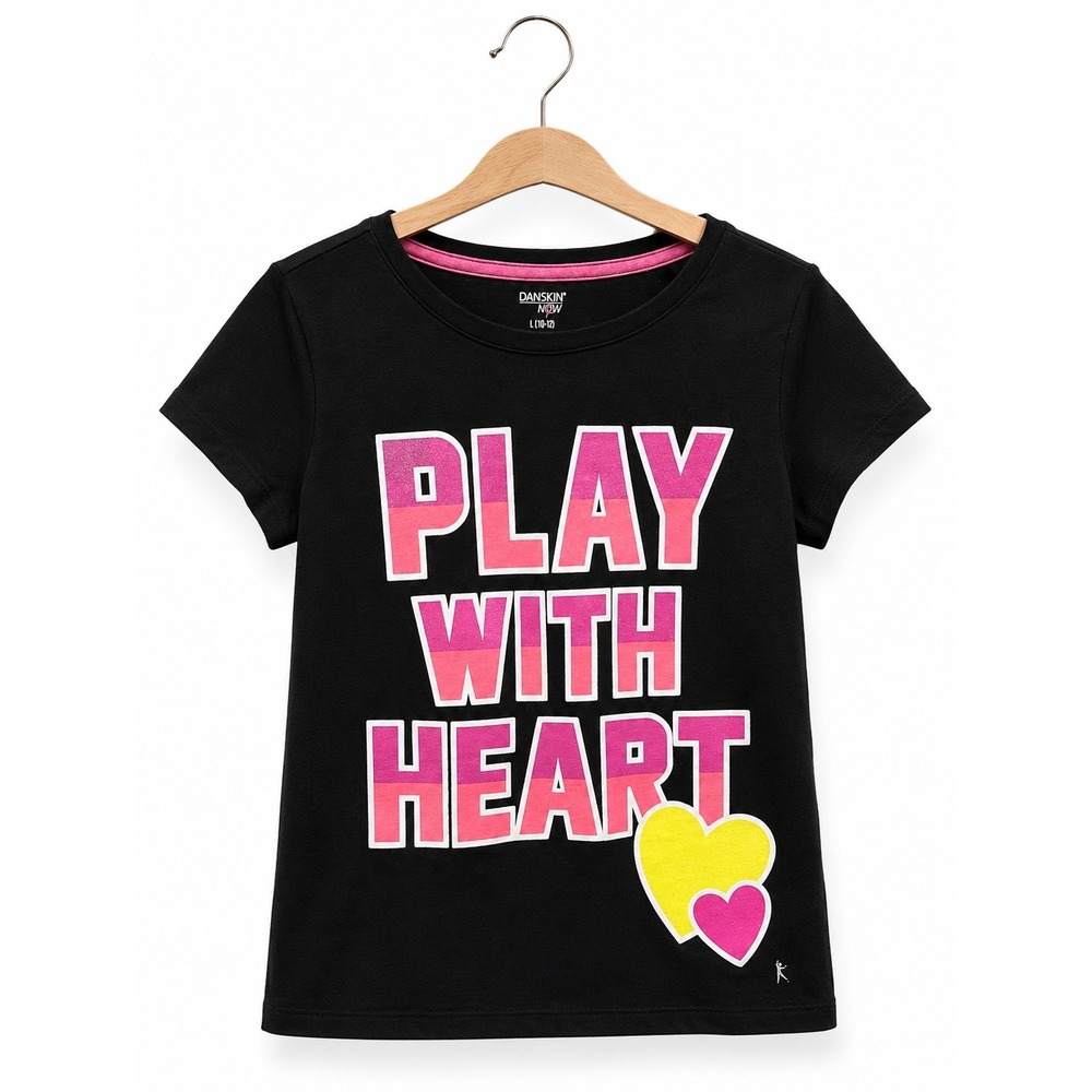 Danskin Now Girls Black Play With Heart Glitter Graphic Dri-More Tee L 10-12